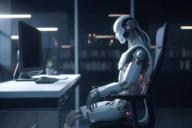 Robot siedzi przy biurku z biurkiem z ekranem komputera w generatywnej ai pokoju biurowego