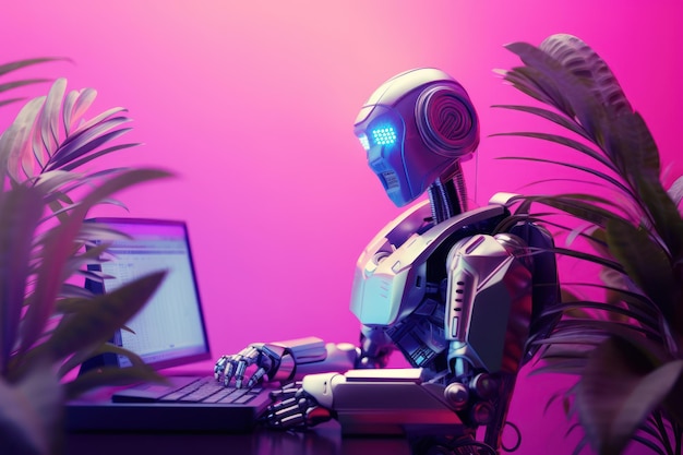 Robot siedzi przy stole Gpt Chat neonowe tło sztuczna inteligencja zaawansowana technologia