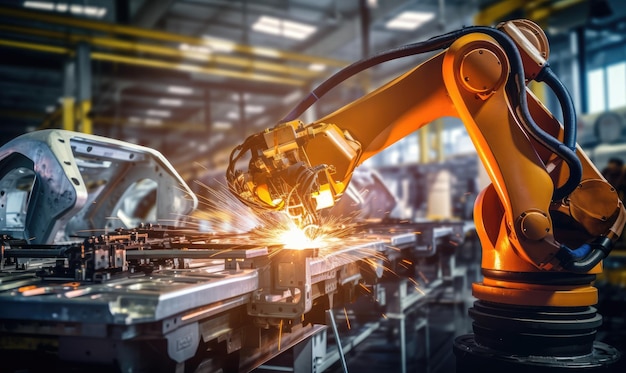 Robot spawający kawałek metalu w fabryce