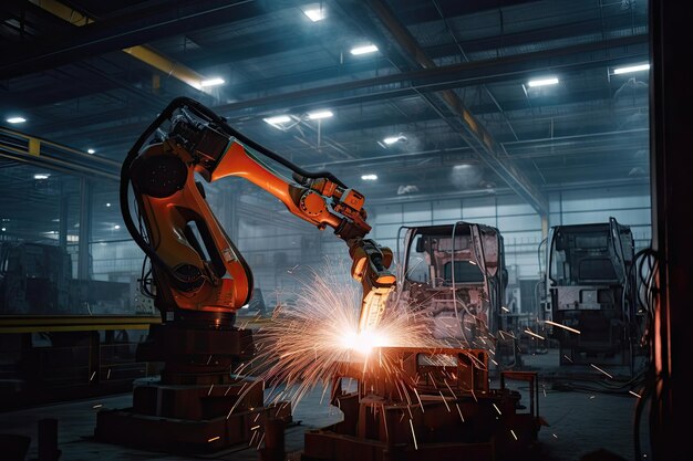 Robot spawalniczy skomplikowaną metalową ramę w futurystycznej fabryce stworzonej za pomocą generatywnej sztucznej inteligencji