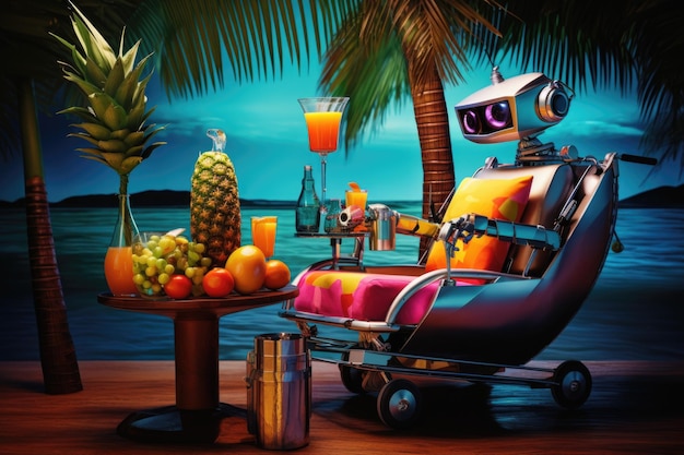 Zdjęcie robot spoczywa na leżaku w pobliżu morza pijąc napoje
