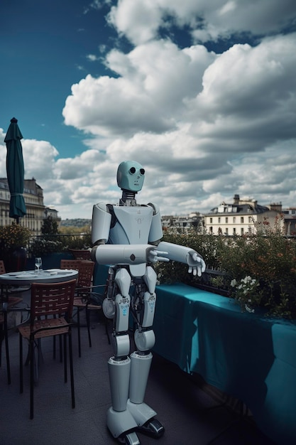 Robot stoi na balkonie z widokiem na Paryż.