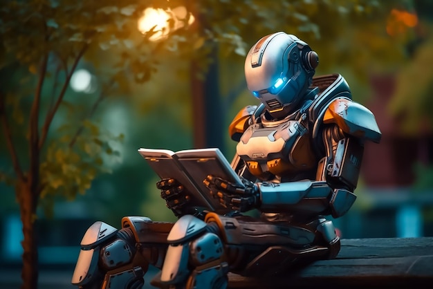 Robot studiuje z książkami na zewnątrz