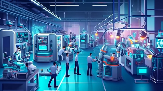 Robot sztucznej inteligencji pracujący z ludźmi w biurze i produkcji dla rewolucji przemysłowej i automatyzacji procesu produkcyjnego humanoidne roboty sztucznej sztuczności bezrobocia ilustracja sztucznej sztuczki generatywna