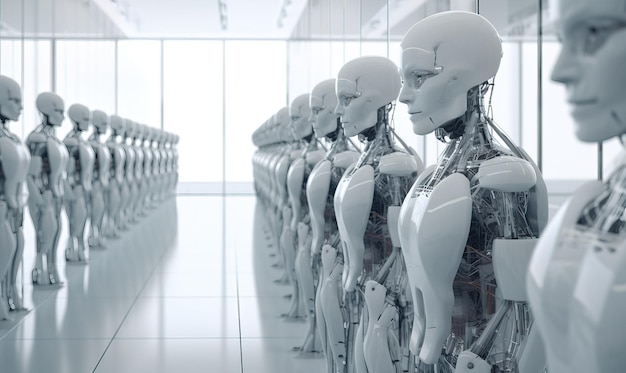 Robot sztucznej inteligencji w dużym pokoju z białymi błyszczącymi ścianami Futurystyczna technologia Generative Ai