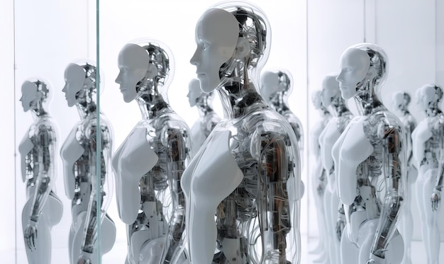 Robot sztucznej inteligencji w dużym pokoju z białymi błyszczącymi ścianami Futurystyczna technologia Generative Ai