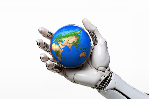 robot trzyma planetę nad robotyczną ręką