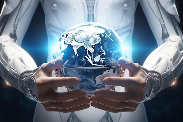 Robot trzyma planetę Ziemię w rękach Sztuczna inteligencja rządzi koncepcją planety