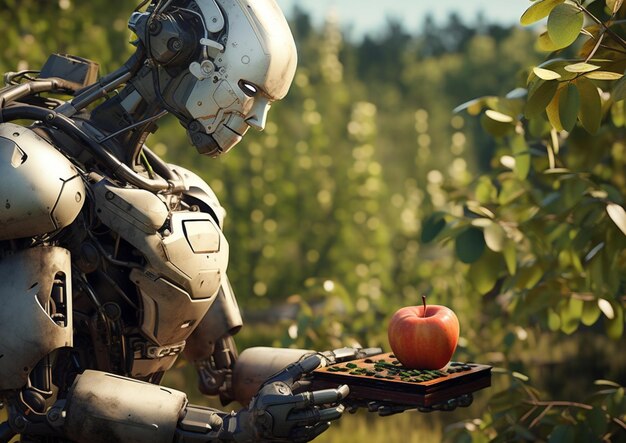 robot trzymający jabłko i talerz jabłek.