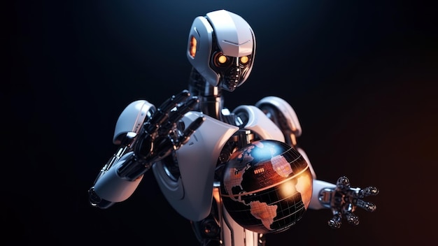Robot trzymający planetę Ziemia cyborgi rządzą światową generatywną ai