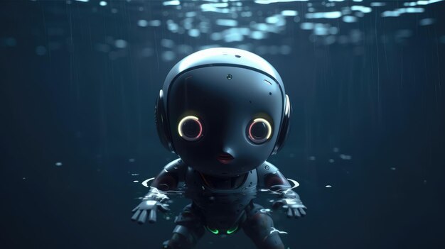 Robot unosi się w wodzie i patrzy w kamerę.