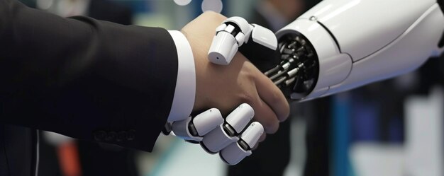 Zdjęcie robot uściska rękę człowiekowi w garniturze