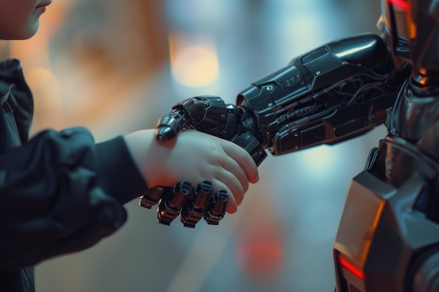 Zdjęcie robot uściska rękę dziecku. robot jest czarny i ma ludzką rękę.