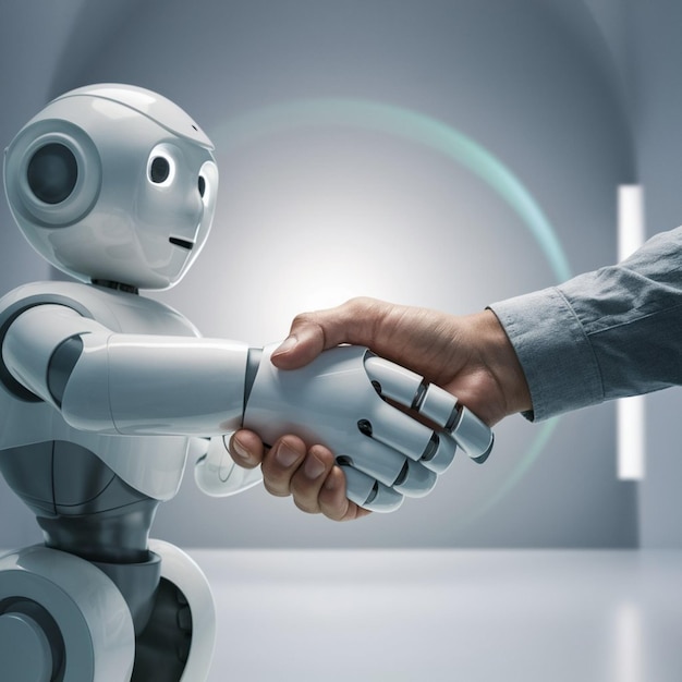 robot uściskający rękę człowiekowi uściskujący rękę robotowi