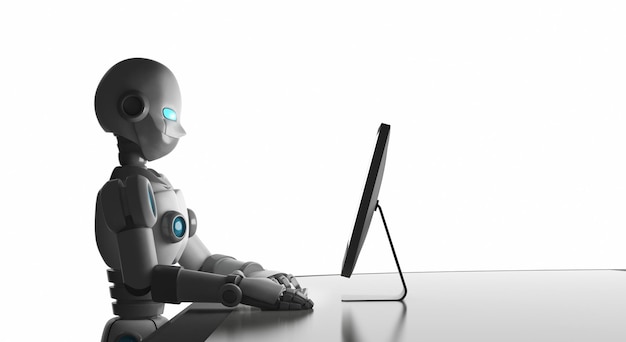 Robot używający komputera na białym tle