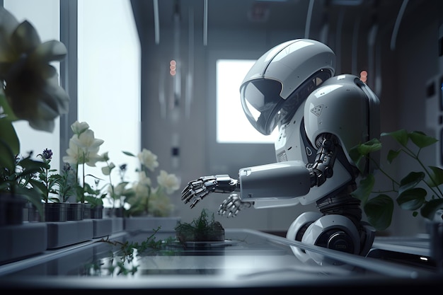 Robot w białym kasku patrzy na roślinę.