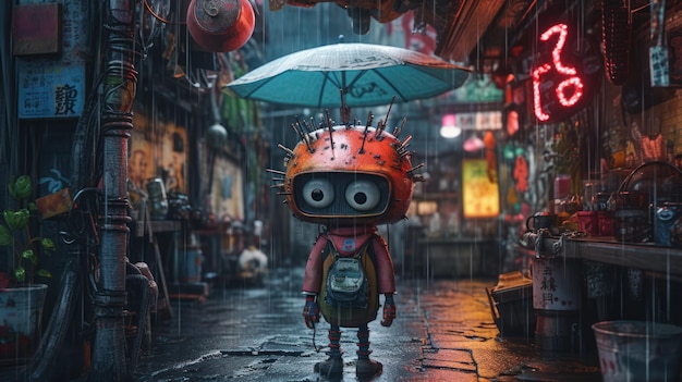 Robot w deszczu z parasolem