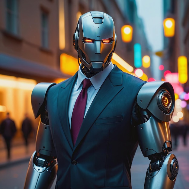 robot w garniturze stojący na ulicy z ludźmi i budynkami za nim jak biznesmen