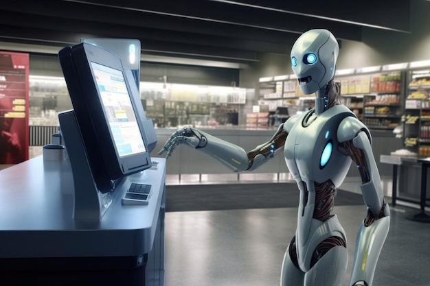 Robot w kiosku selfcheckout z ekranem dotykowym stworzony za pomocą generatywnej sztucznej inteligencji