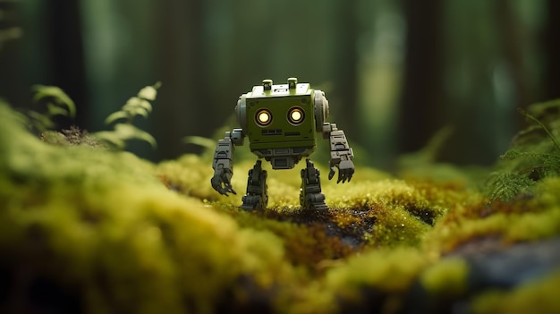 Robot w lesie z napisem robot na przodzie