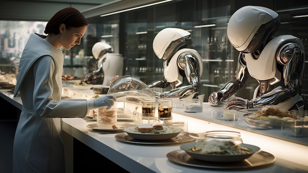 Zdjęcie robot w mundurze pracujący z tabletem i ręką robotyczną w kuchni koncepcja sztucznej inteligencji