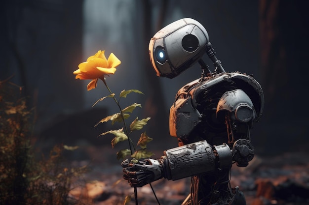 Robot wąchający kwiat w ciemnym post-apokaliptycznym krajobrazie Generatywna ilustracja AI