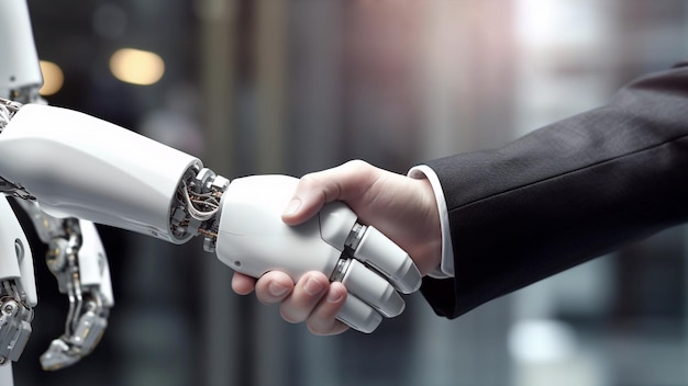 Robot wyciąga rękę do człowieka ludzie i roboty pracują razem Generatywna sztuczna inteligencja