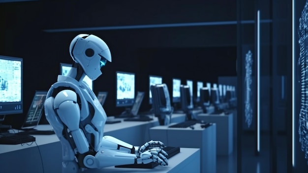 Robot wykorzystuje laptopa i generatywną sztuczną inteligencję