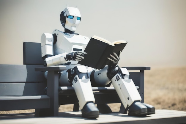 Robot z Androidem czyta książkę siedząc na ławce AI generatywnej