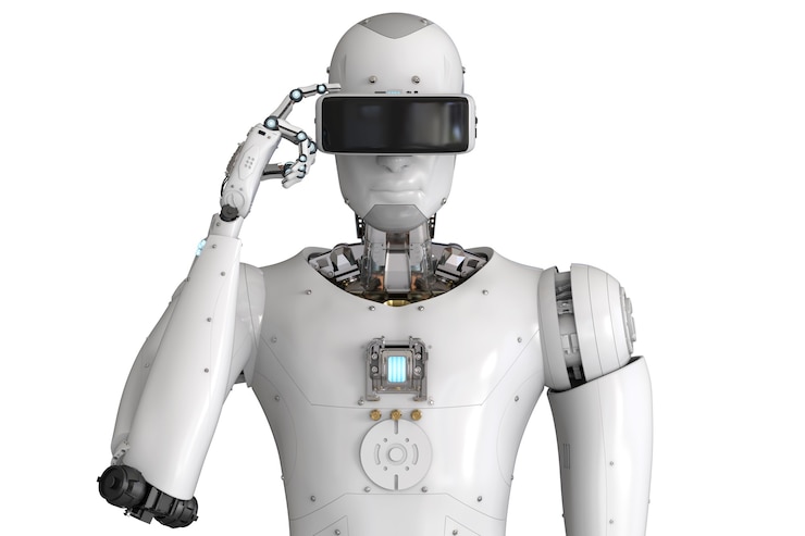 Zdjęcie robot z androidem renderujący 3d w zestawie słuchawkowym vr