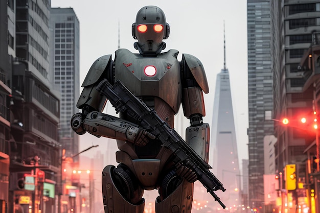 Robot z bronią w środku miasta.