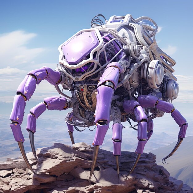 robot z fioletowymi nogami stoi na skale