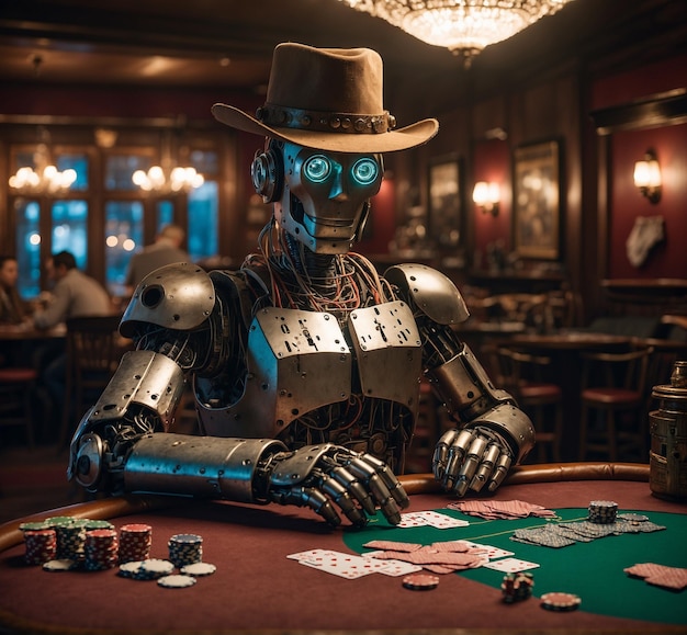 Robot z kapeluszem siedzi w kasynie.