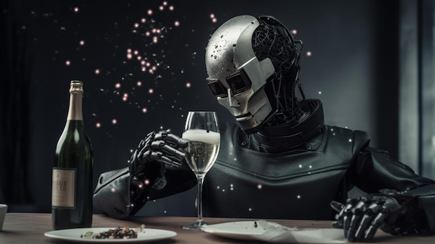 Robot z kieliszkiem szampana siedzi przy stole.