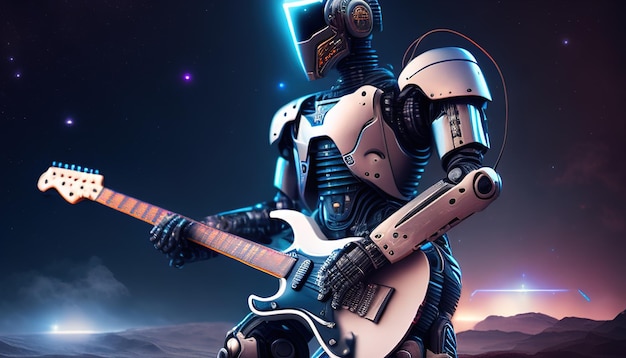 Robot z kolorową ilustracją gitary