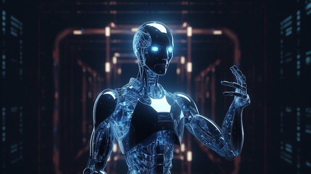 Robot z niebieską twarzą i czarnym tłem z napisem „robot”