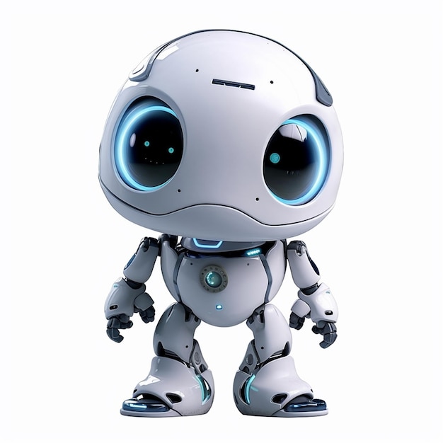 Robot z niebieskimi oczami stoi na białym tle.