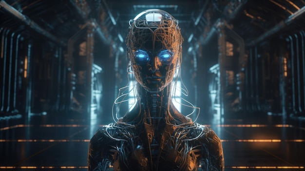 Robot z niebieskimi oczami stoi w ciemnym pokoju z ciemnym tłem i świecącym robotem z niebieskim światłem.