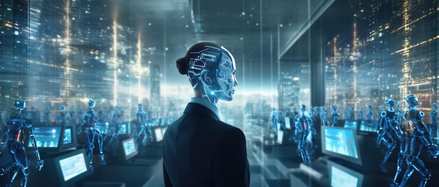 Robot z płytką obwodową na głowie stoi przed futurystycznym krajobrazem miasta symbolizującym przyszłość technologii i ludzkości