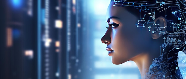 Robot z płytką obwodową na głowie stoi przed futurystycznym krajobrazem miasta symbolizującym przyszłość technologii i ludzkości