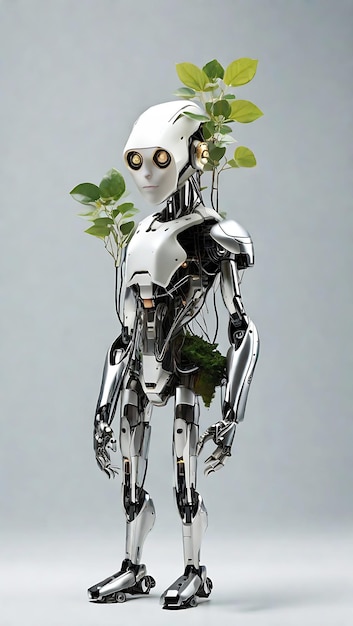 Robot z rośliną rosnącą z jego głowy