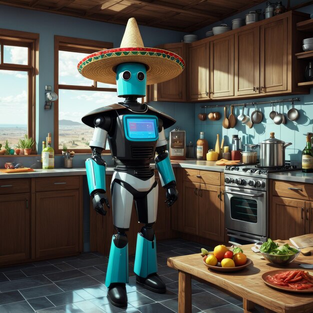 robot z sombrero na głowie stoi w kuchni z stołem i miską warzyw