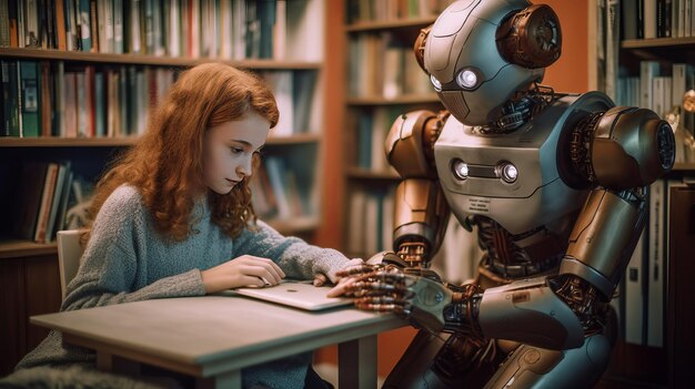 Zdjęcie robot z sztuczną inteligencją pomaga nastolatkowi z pracą domową. czytają razem książki.