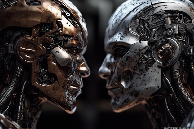 Robot z twarzą wykonaną z metalu i twarzą wykonaną z metalu.