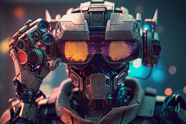 Robot z wizjerem i okularami z napisem „cyberpunk”