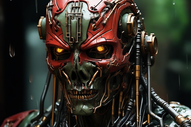 Robot z żółtymi oczami i czerwoną twarzą z przewodami na nim Generatywna sztuczna inteligencja