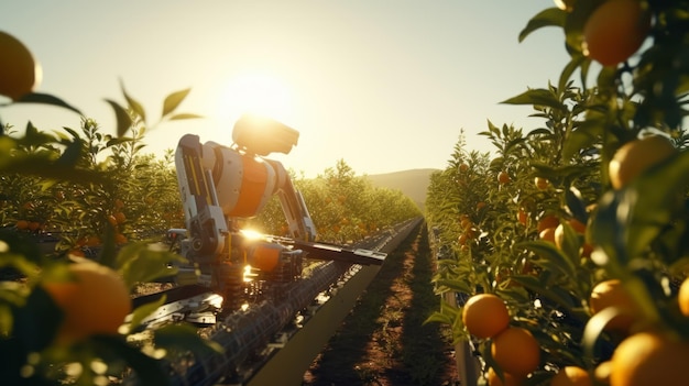 Robot zbiera pomarańcze na rozległym pomarańczowym polu