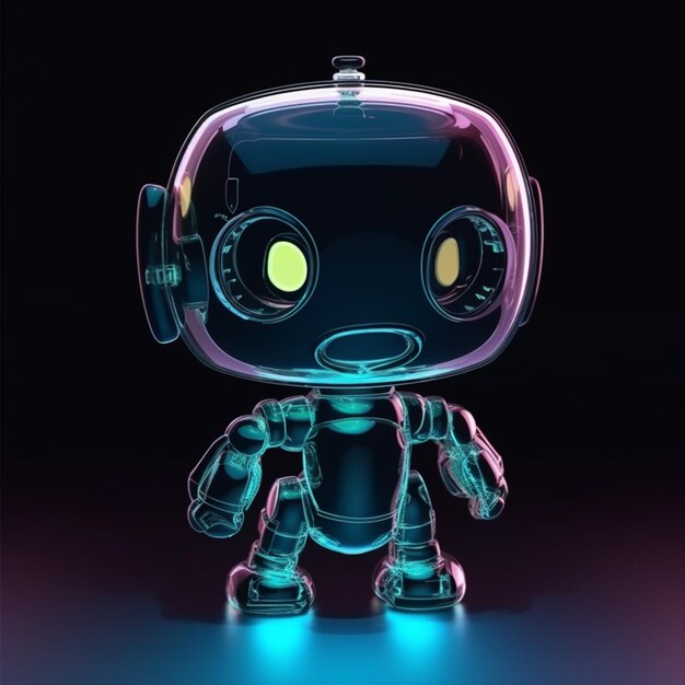 Robot ze świecącą głową siedzi na czarnym tle.