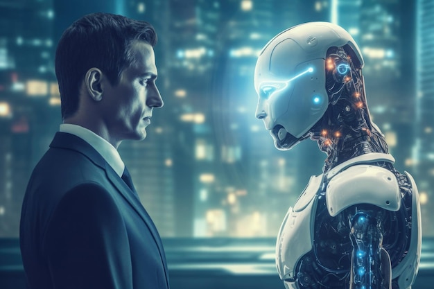 Robot ze sztuczną inteligencją współdziała z ludzką generatywną sztuczną inteligencją