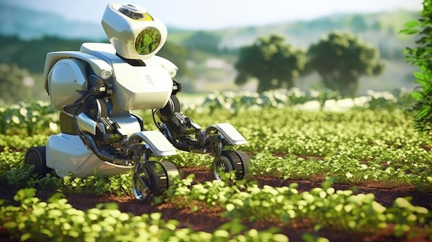 Robot żniwny z automatycznym wykrywaniem dojrzałości roślin Agribot pracujący w polu Technologia przyszłości Koncepcja inteligentnego gospodarstwa rolnego Baner Kopiuj przestrzeńGeneracyjna sztuczna inteligencja